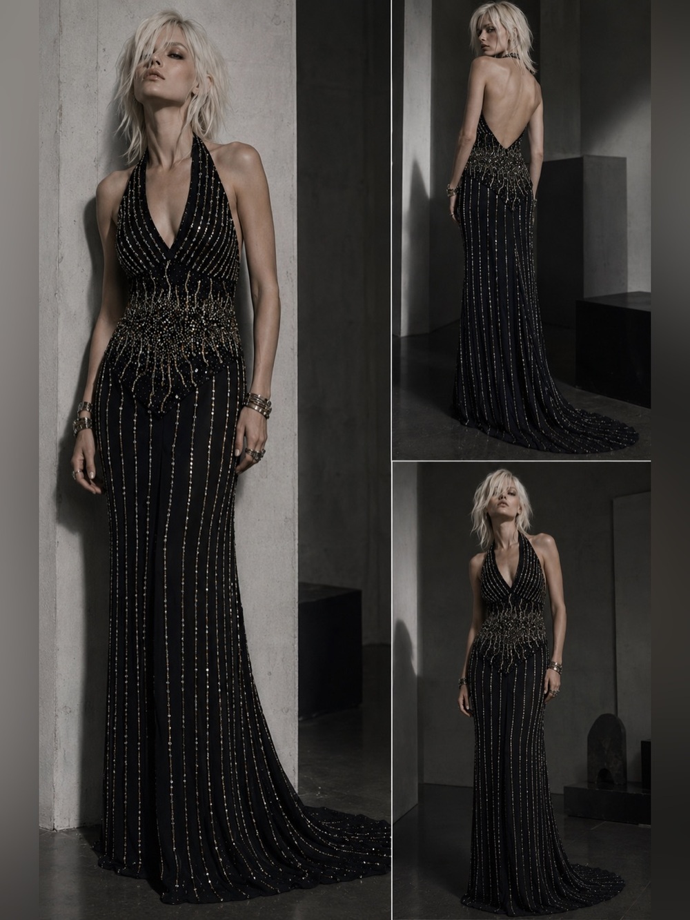 SCALA Vintage 100% Silk Beaded Sequin Black Gold Halter Gown Dress M has train